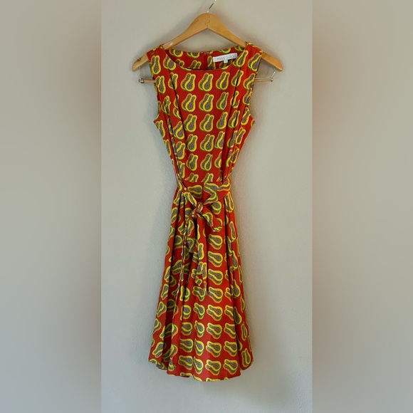 Vacation Party Tropical Papaya Print Sleeveless A-Line Swing Dress W/ Belt - Picture 3 of 11